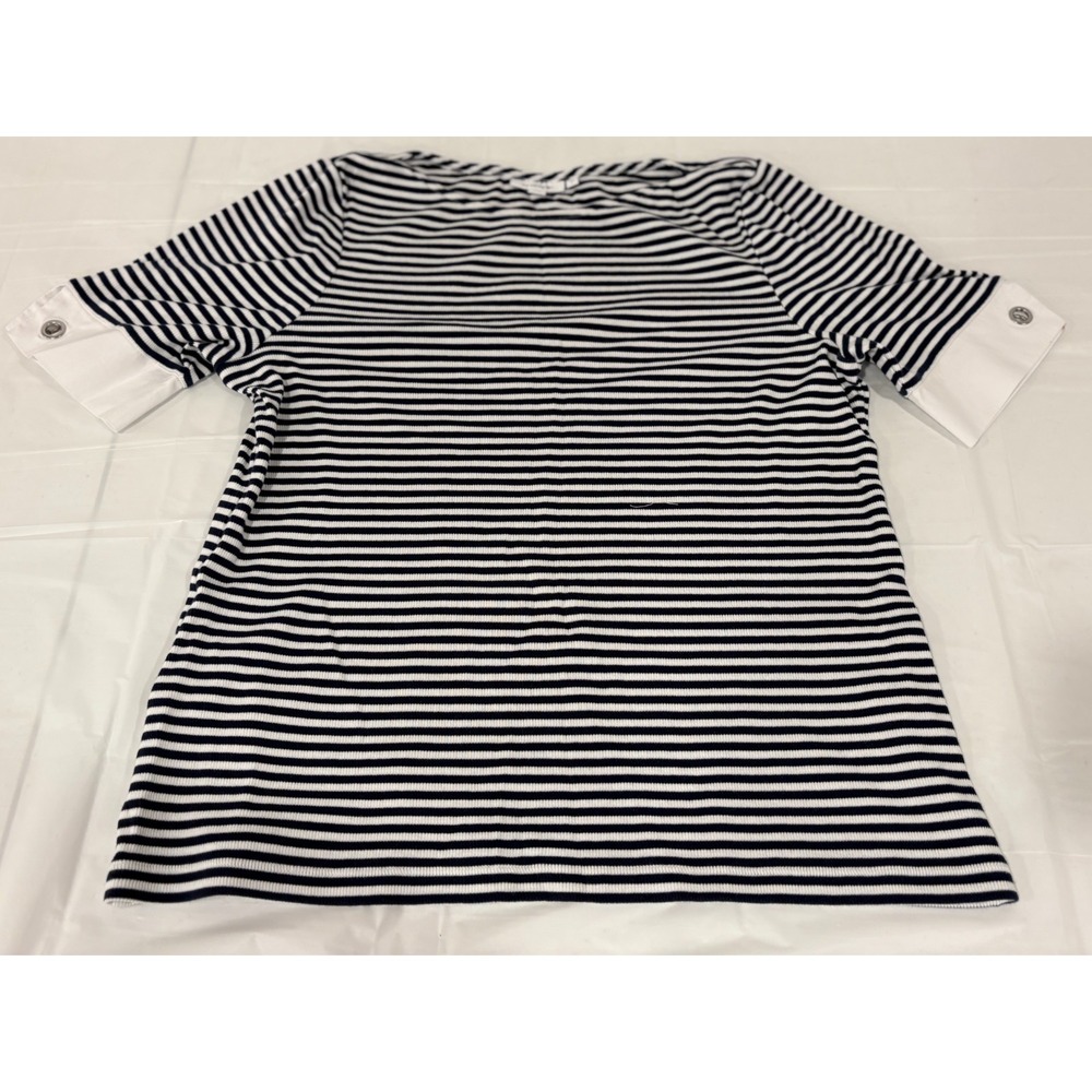 Chico's Horizontal Stripe Navy and White Ladies Shirt Short Sleeve Size 2